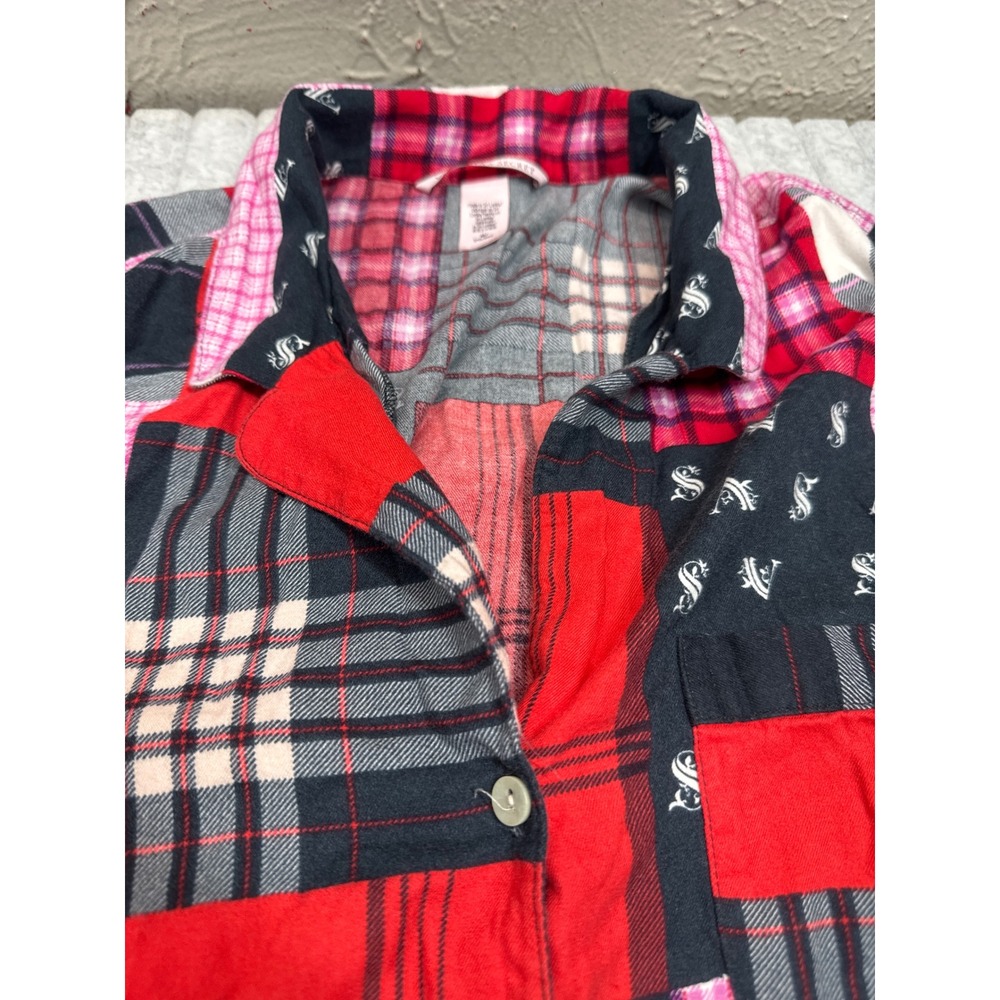 Victorias Secret Patchwork Plaid Monogram Sleep Shirt Red Pink Flannel Medium